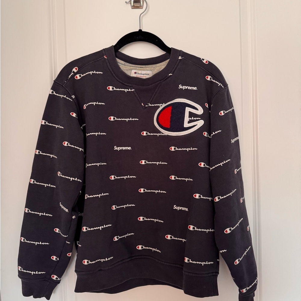Supreme x Champion Navy Crewneck Sweater with Logo Print